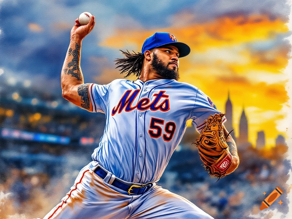 A vibrant watercolor painting of a baseball pitcher in a Mets uniform throwing a ball, with a cityscape background.