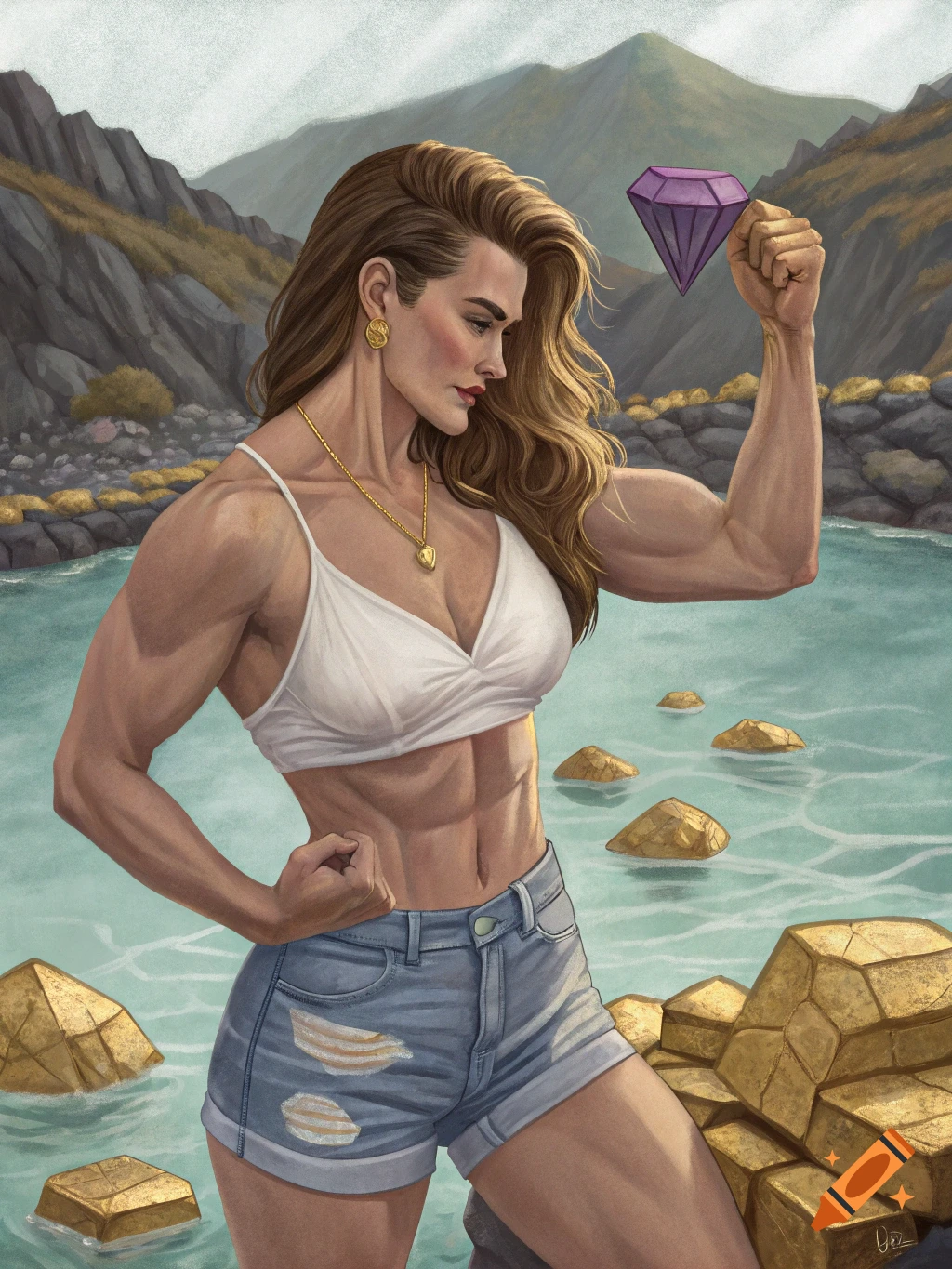 A muscular woman in a white sports bra and ripped jean shorts flexes her biceps while holding a purple diamond by a blue lagoon with gold rocks and mountains.