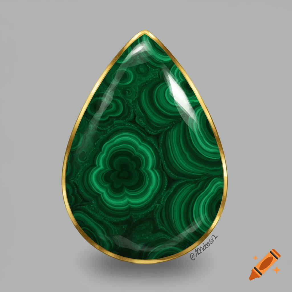 A digitally rendered teardrop-shaped malachite gemstone with swirling green patterns, set in a gleaming gold bezel on a grey background.