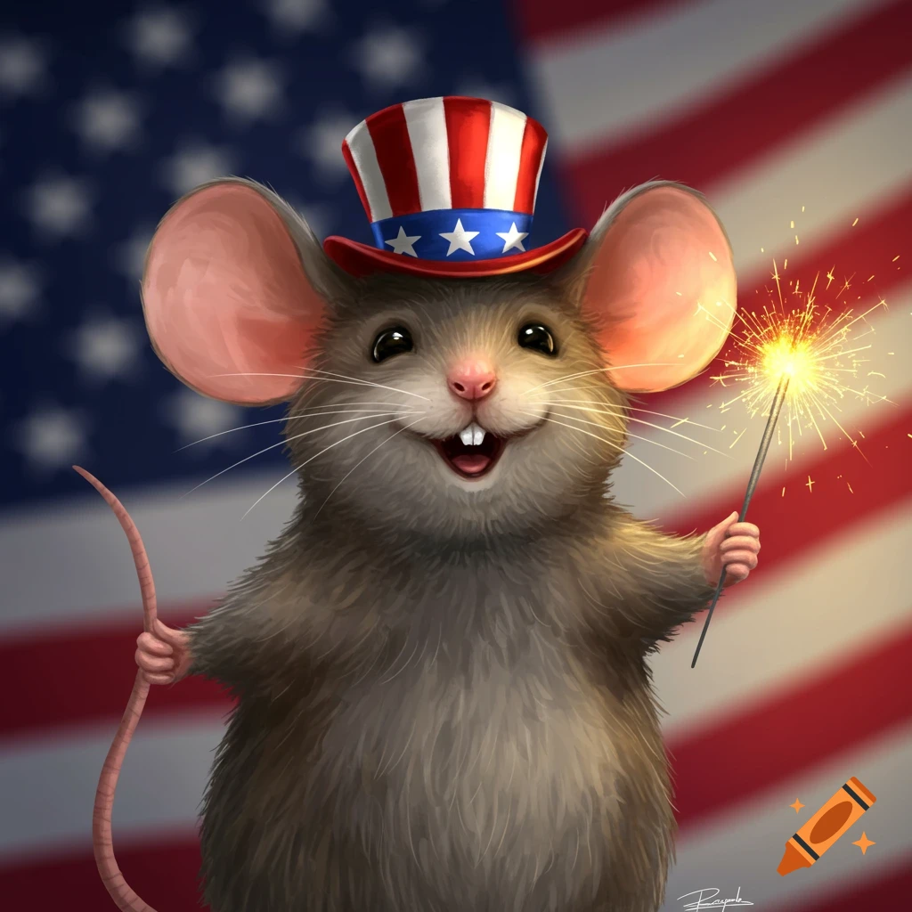 A cute, happy mouse wearing an Uncle Sam hat holds a lit sparkler in front of a blurry American flag.