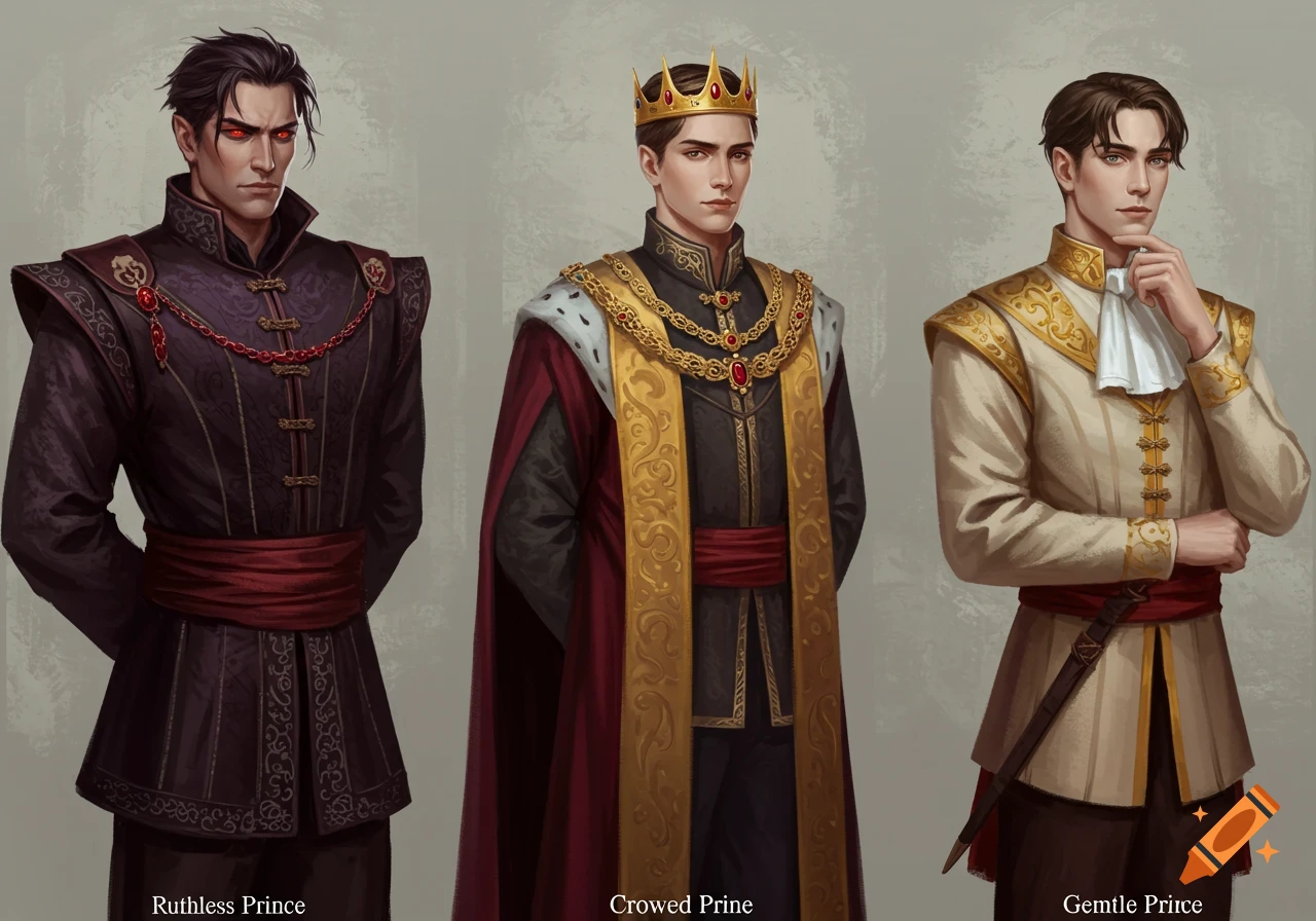 Three fantasy princes stand side-by-side: a dark-haired man with red eyes in black and red, a crowned prince in a gold and red royal robe, and a light-haired prince in cream and gold.