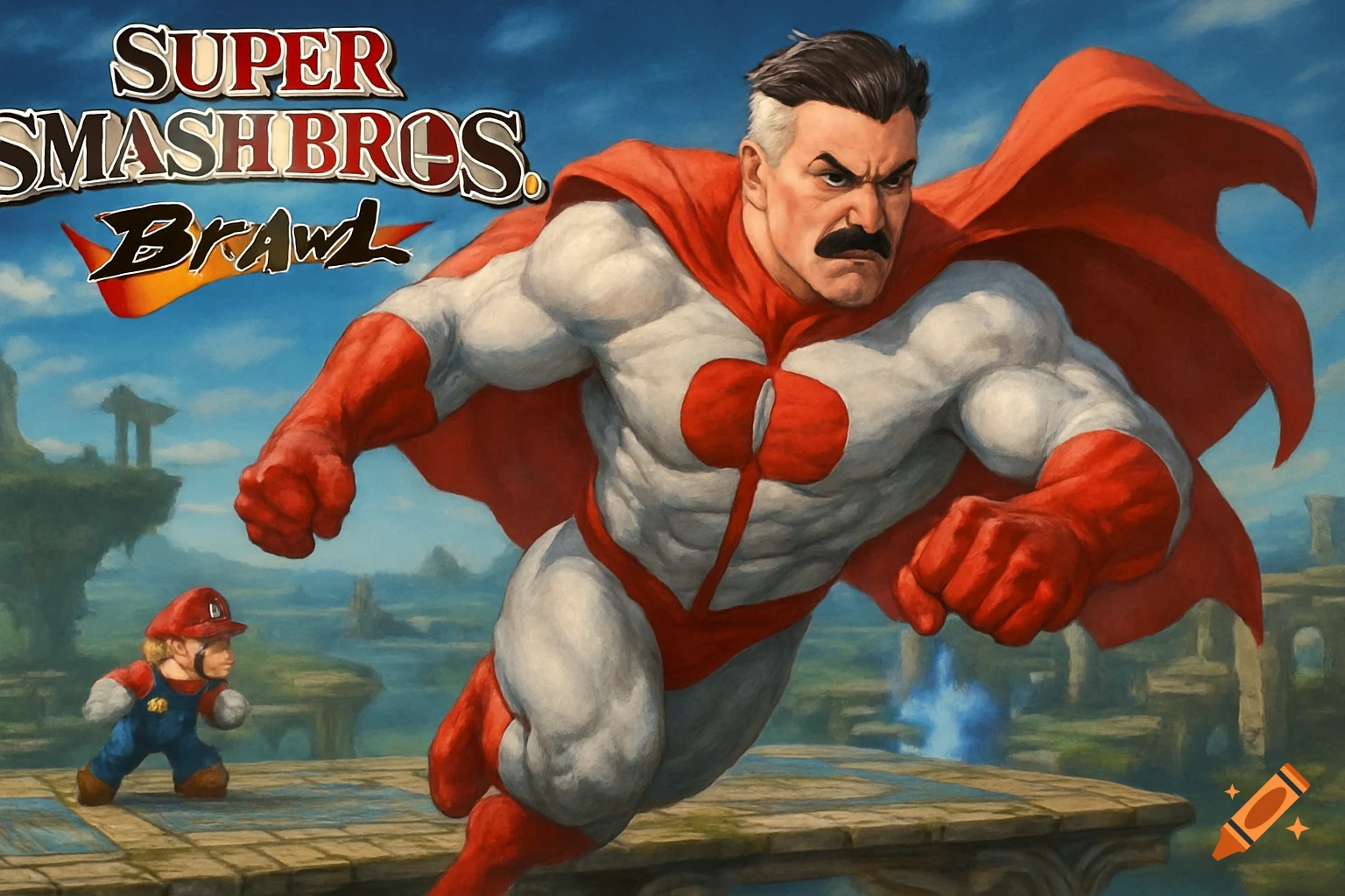 Omni-Man in a superhero suit lunges forward on a stone platform with a small Mario, under a 'Super Smash Bros. Brawl' logo, in a painted style.