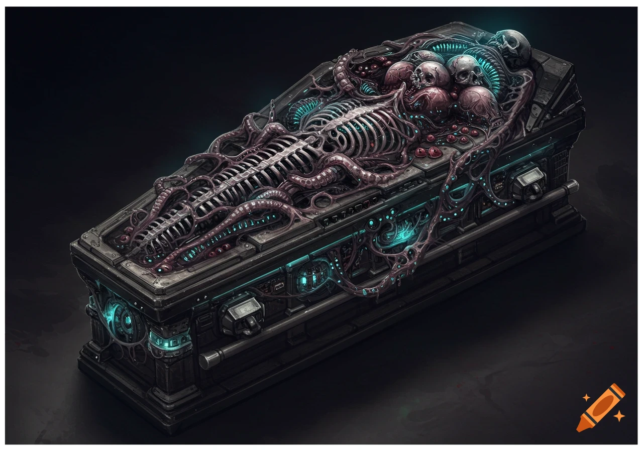 A biopunk coffin in the style of H.R. Giger, featuring exposed skeletal structures, organic tendrils, skulls, and glowing cyan lights on a dark background.