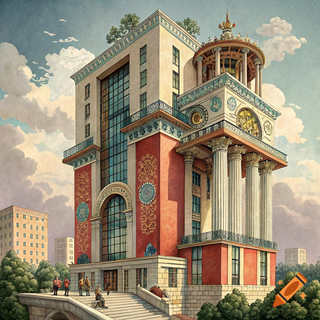 A tall, ornate postmodern building with red, white, and blue accents, columns, and a domed top, under a cloudy sky. People are on steps leading to the entrance.