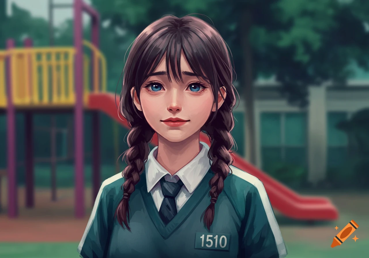 Anime-style girl with pigtails in a green uniform with number 1510, in a blurred playground.