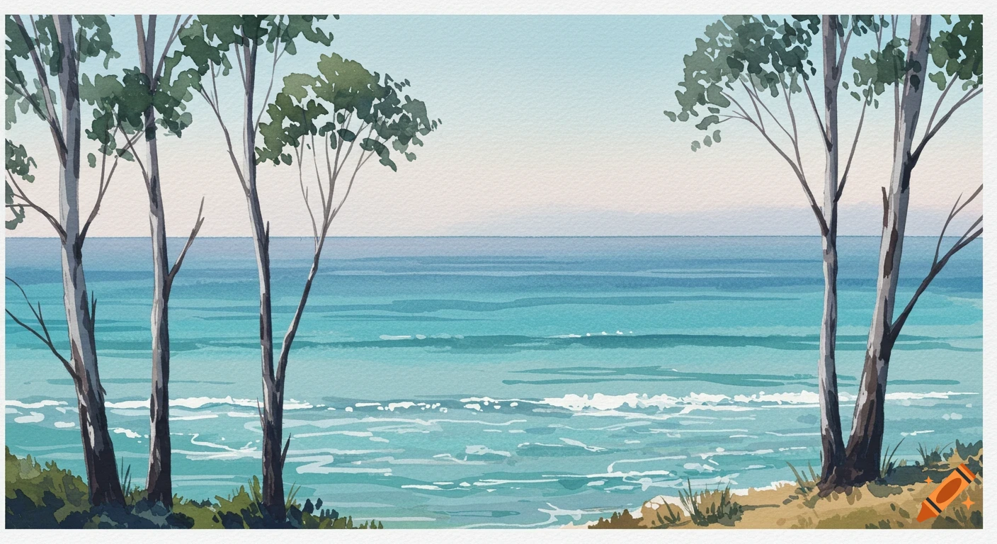 A watercolor painting depicting a calm ocean with small waves, viewed between several eucalyptus trees on the shore.