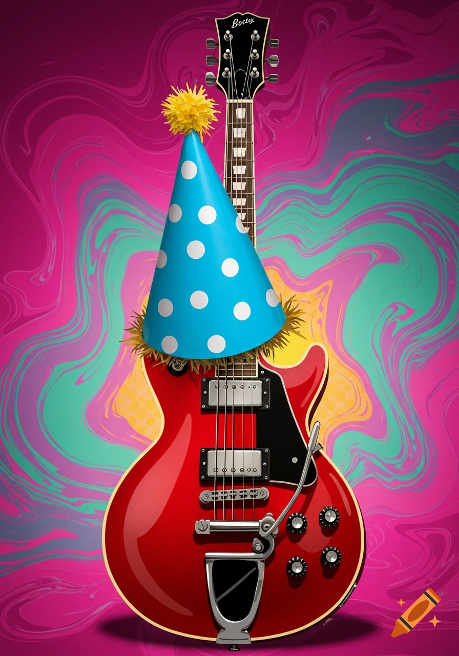 A vibrant red electric guitar wearing a blue polka-dot party hat, against a swirling pink and green background.