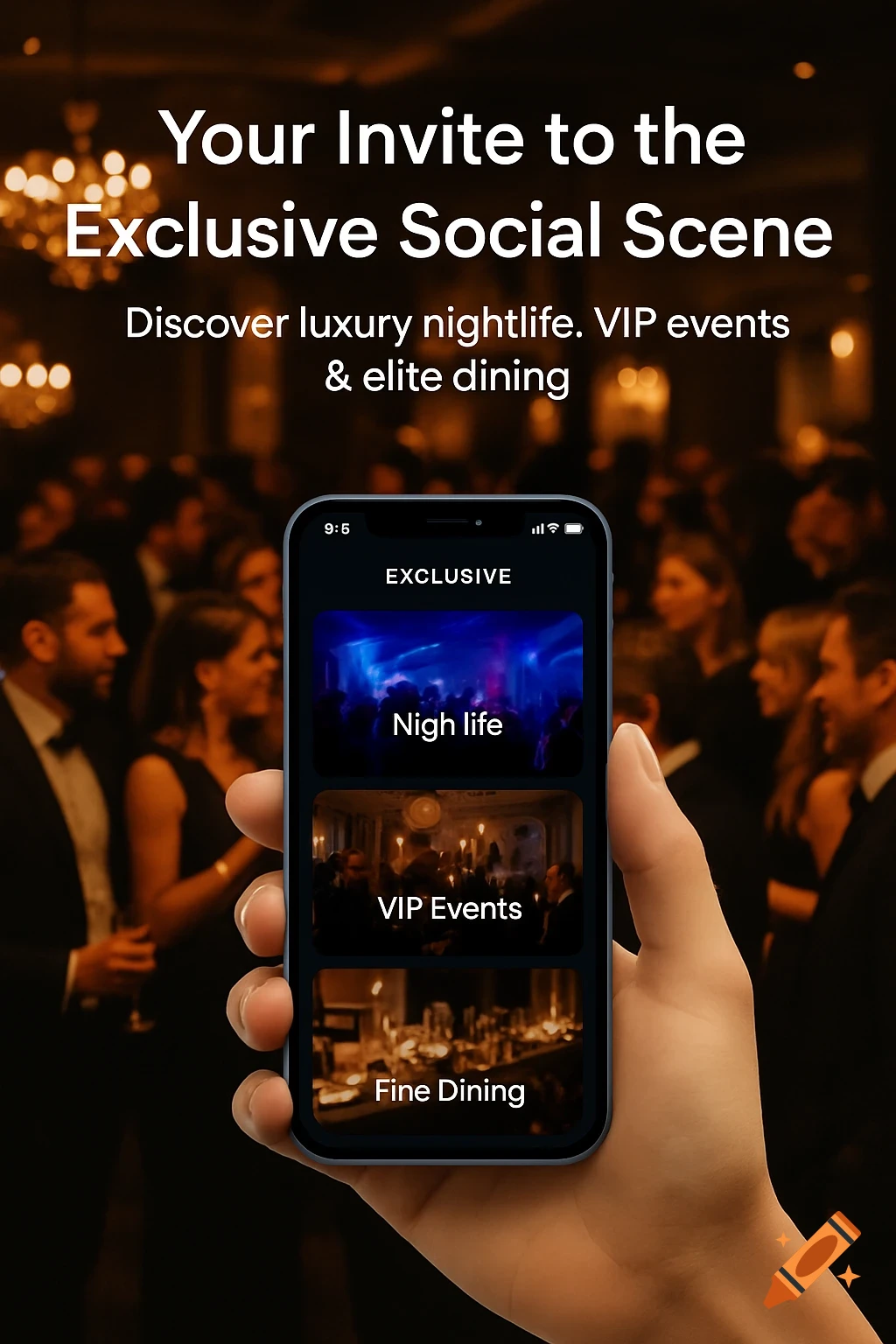 A hand holds a smartphone displaying an exclusive social scene app, set against a blurry background of people at a high-end event, with promotional text overhead.