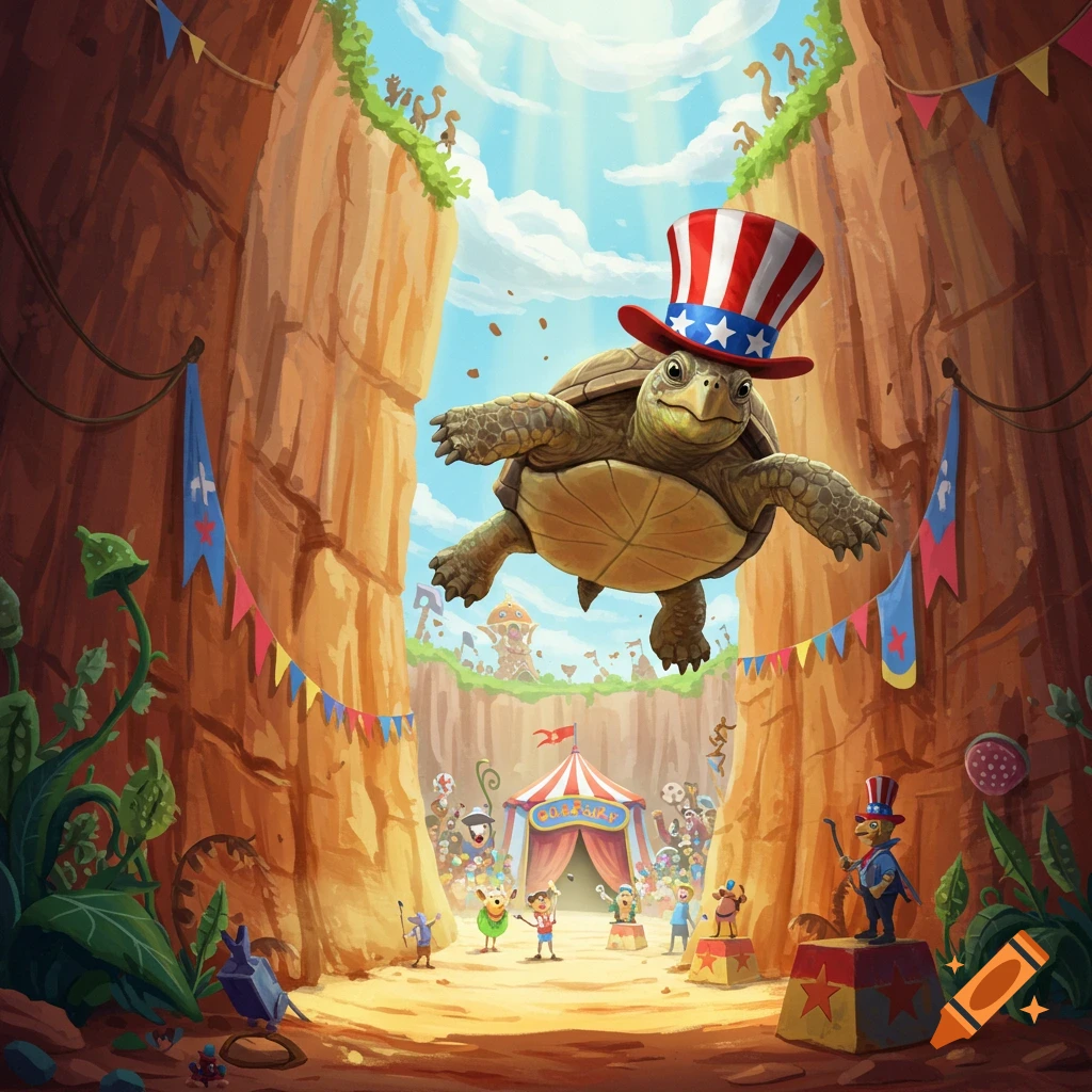 A smiling turtle wearing a patriotic top hat flies through a canyon toward a small circus tent and audience, in a whimsical cartoon style.