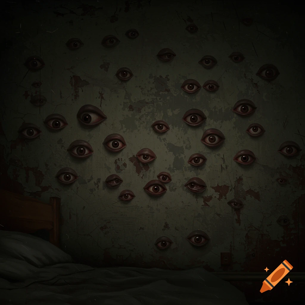 Many creepy, unsettling eyes protrude from a dark, grunge-textured bedroom wall above a bed.