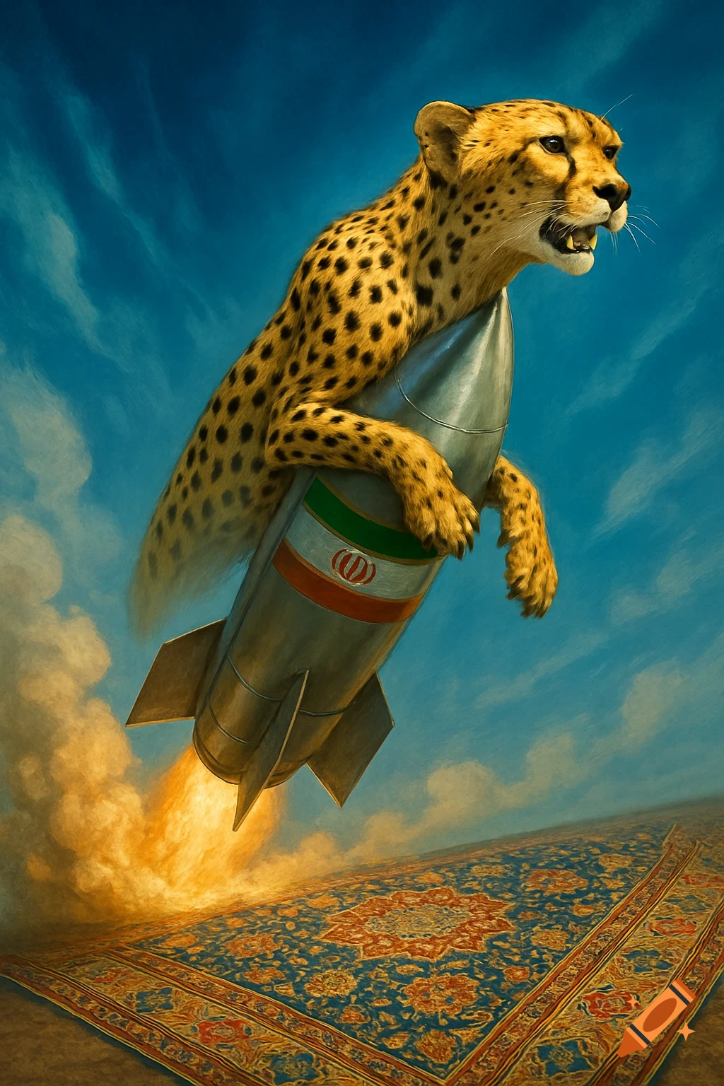 A cheetah's head and front body emerging from the front of a missile with the Iranian flag, flying over a Persian carpet.