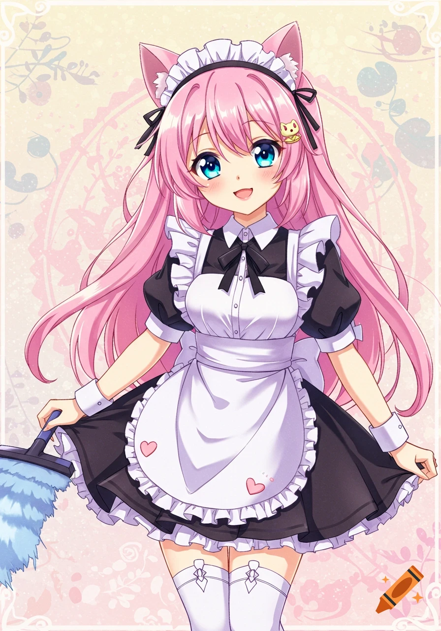 An anime girl with long pink hair and cat ears, wearing a black and white maid outfit, holding a duster.