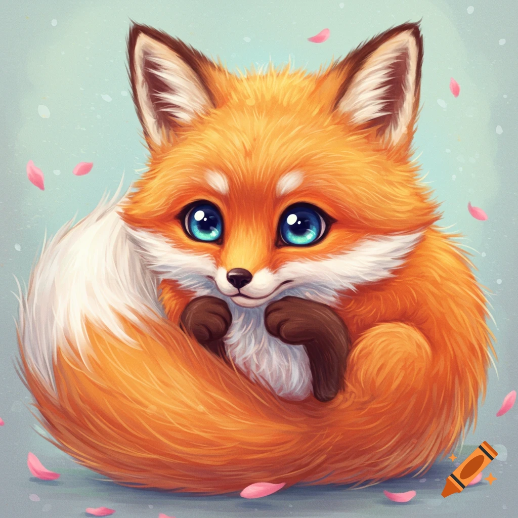 A cute, fluffy orange cartoon fox with large blue eyes is curled up on a light blue background with pink petals.