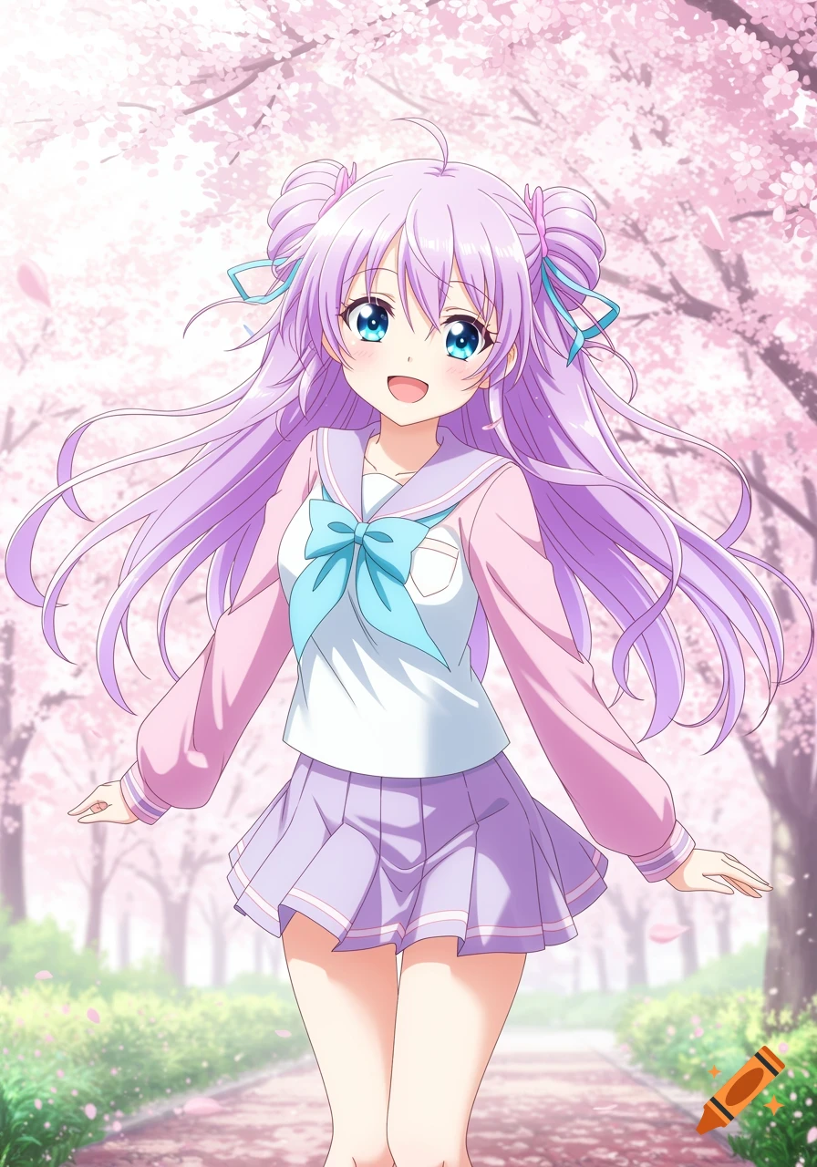An anime girl with long purple hair and blue eyes, wearing a pink and white school uniform, smiling under falling cherry blossoms on a spring day.