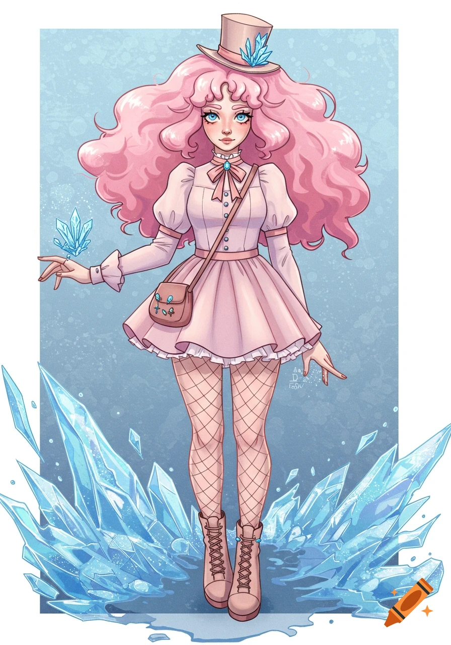 Anime-style girl with long pink hair, wearing a pink dress, fishnet tights, and a top hat, standing among ice crystals.