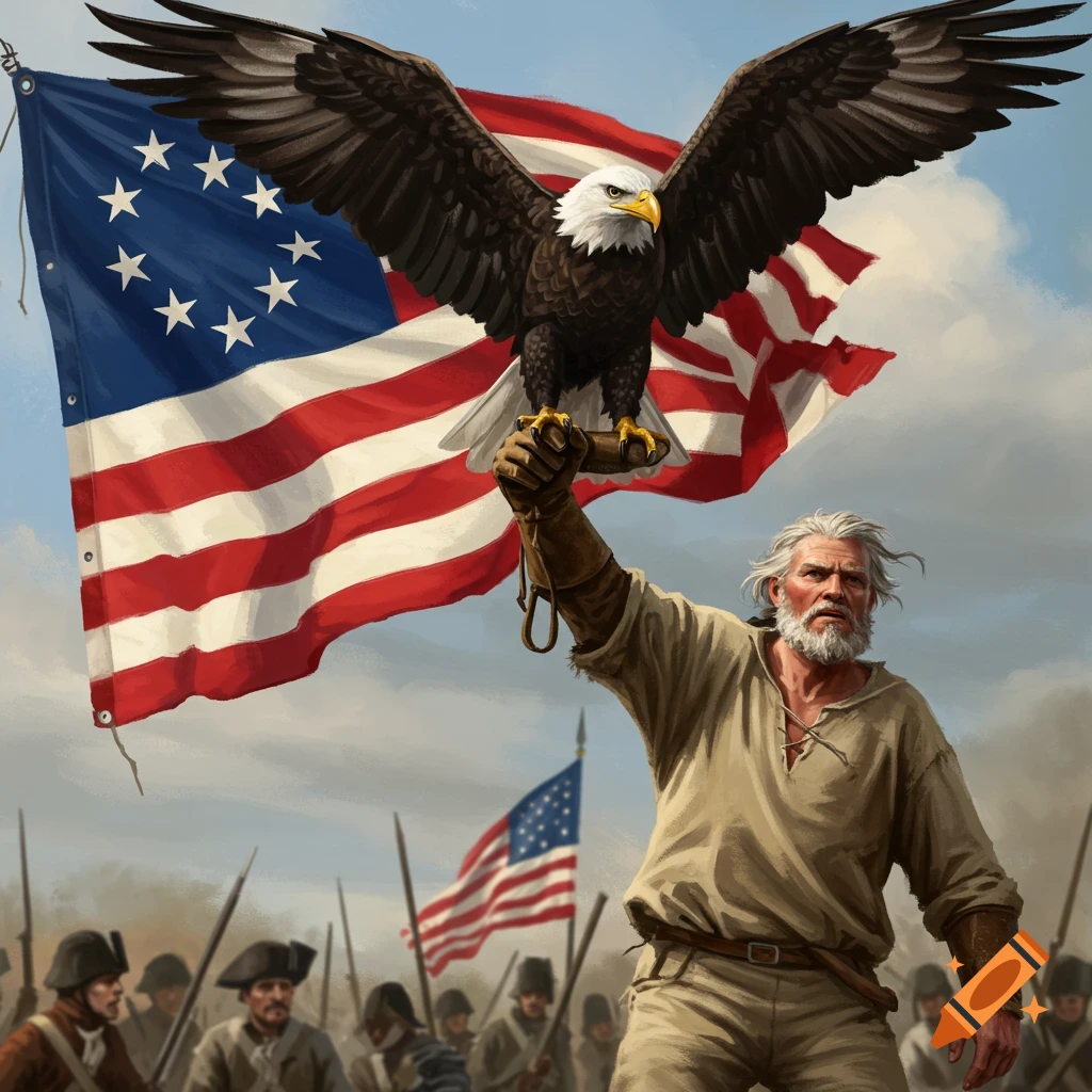 A patriot holding a bald eagle, with an American Revolution flag and  soldiers in the background, depicted in a painterly style. on Craiyon, image size:1024x1024
