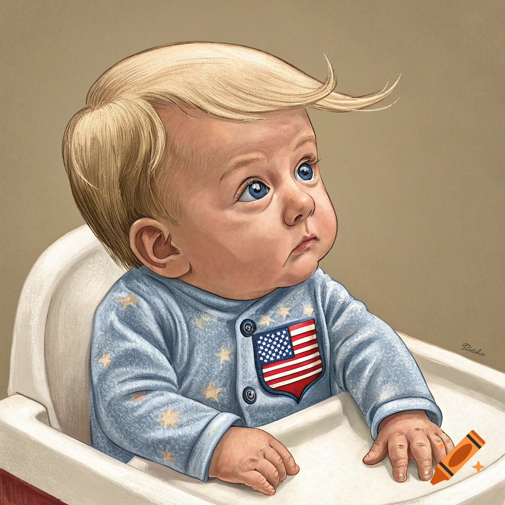 Illustration of a baby caricature with blond hair, resembling Donald Trump, wearing a star-patterned onesie with a US flag emblem, sitting in a high chair.