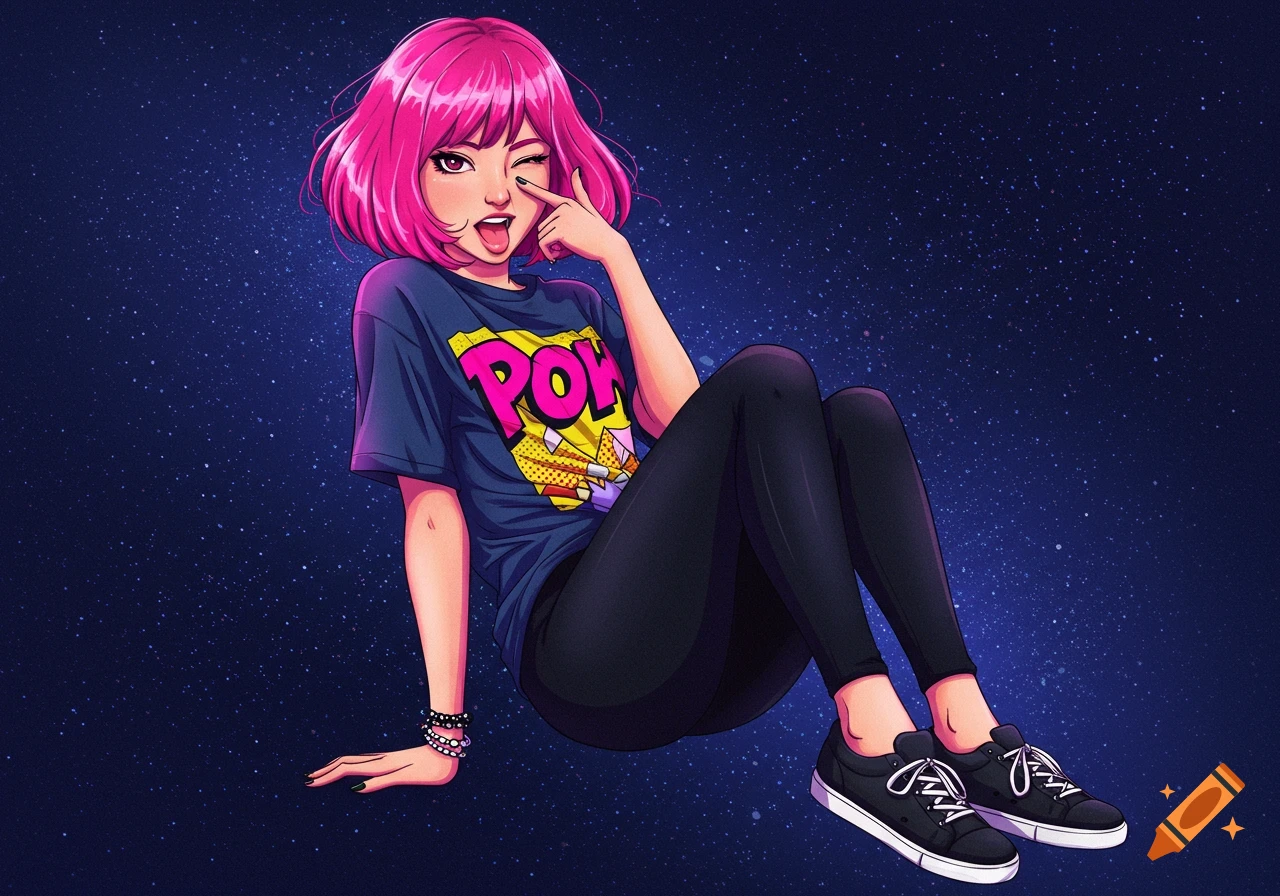 An anime girl with pink hair, wearing a 'POW' t-shirt and black leggings, winks and sticks out her tongue while sitting in a starry blue space.