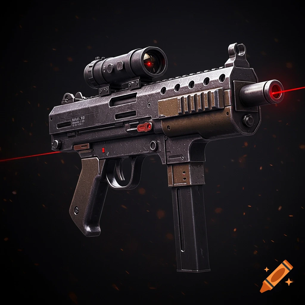 Photorealistic close-up of a MAC-10 submachine gun with a scope and red laser sights on a dark background.