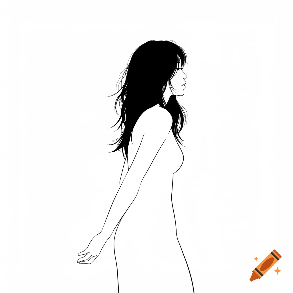 A minimalist black outline drawing of a woman with long hair looking to the right on a white background.
