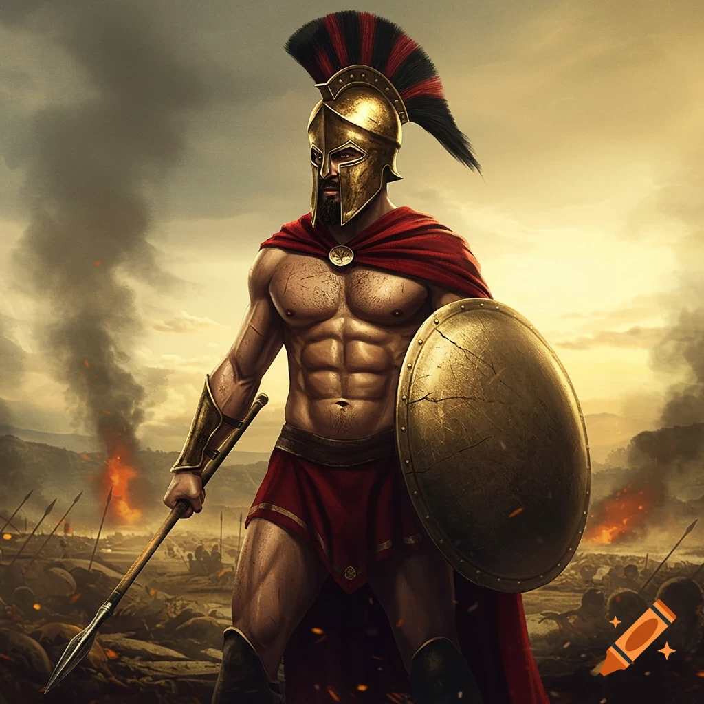 A muscular Spartan warrior in a golden helmet and red cape stands on a smoky battlefield, holding a spear and shield.