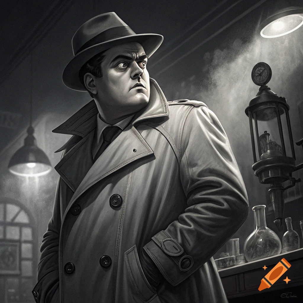 A black-and-white, low-angle portrait of a man in a fedora and trench coat, looking intently over his shoulder in a smoky, dimly lit laboratory.