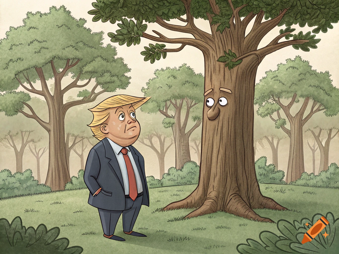A cartoon illustration of Donald Trump standing next to a large, anthropomorphic tree in a forest.
