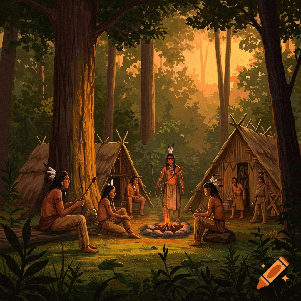 Native American men sit around a campfire near traditional huts in a lush forest during sunset, in an illustrative style.