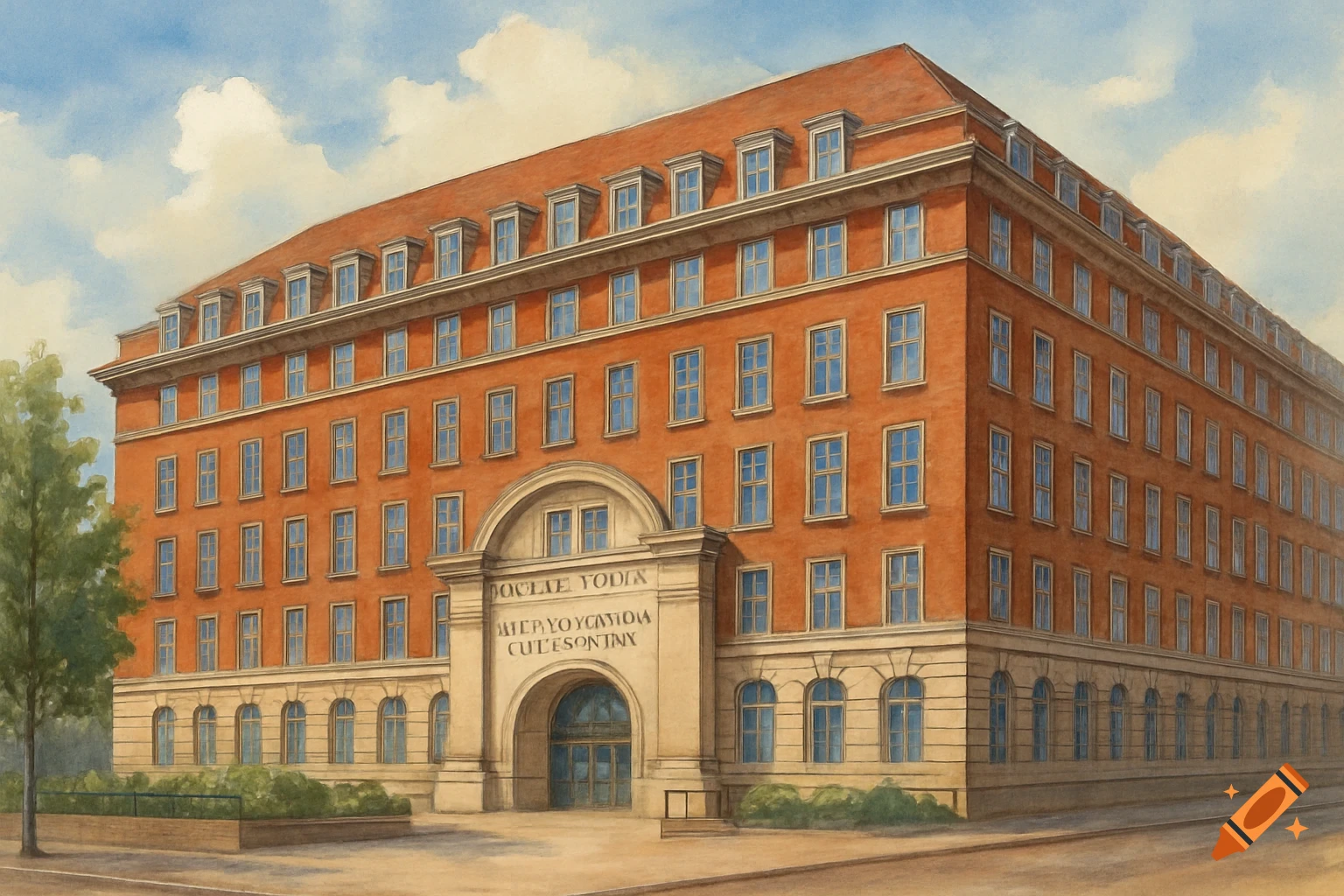 A watercolor painting of a large, red-brick building with many windows and an arched entrance, under a cloudy sky.