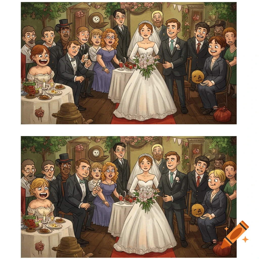 A cartoon illustration showing two nearly identical wedding reception scenes, side-by-side, designed as a spot the difference puzzle.