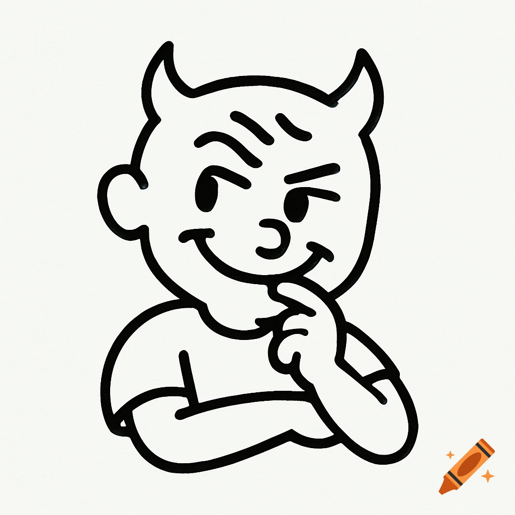 A black and white line drawing of a mischievous, smiling cartoon devil character with horns, one hand on its chin, on a white background.