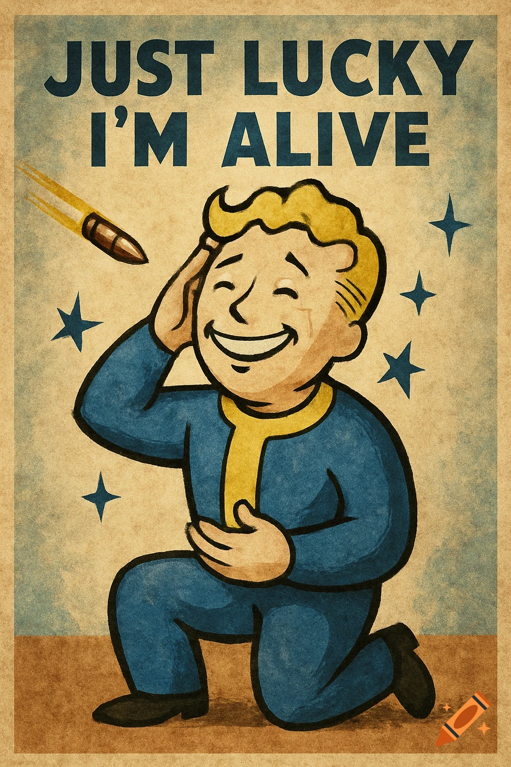 A vintage-style poster featuring Fallout's Vault Boy saluting, with a bullet flying past his head. The text "JUST LUCKY I'M ALIVE" is at the top.