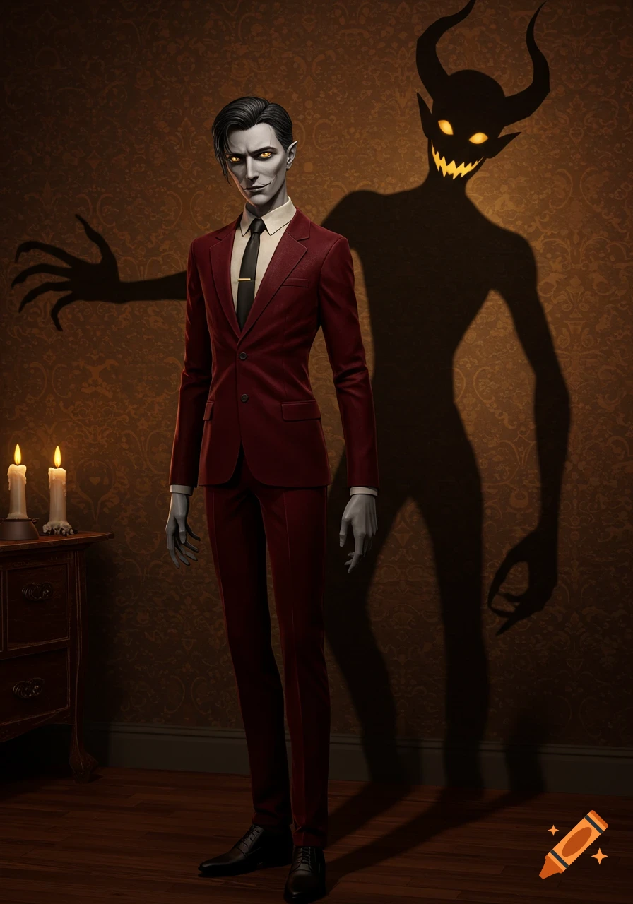 A stylized man with pale skin and golden eyes in a burgundy suit, standing before a wall where his shadow appears as a horned demon.