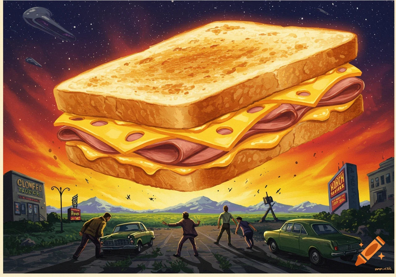 A massive grilled ham and cheese sandwich floats menacingly over a rural town as people stare in awe. UFOs are in the cosmic sky.
