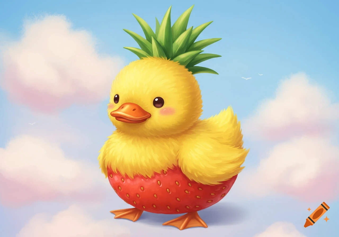A cute, yellow duck with a pineapple top and a strawberry body stands in a cloudy blue sky, cartoon style.
