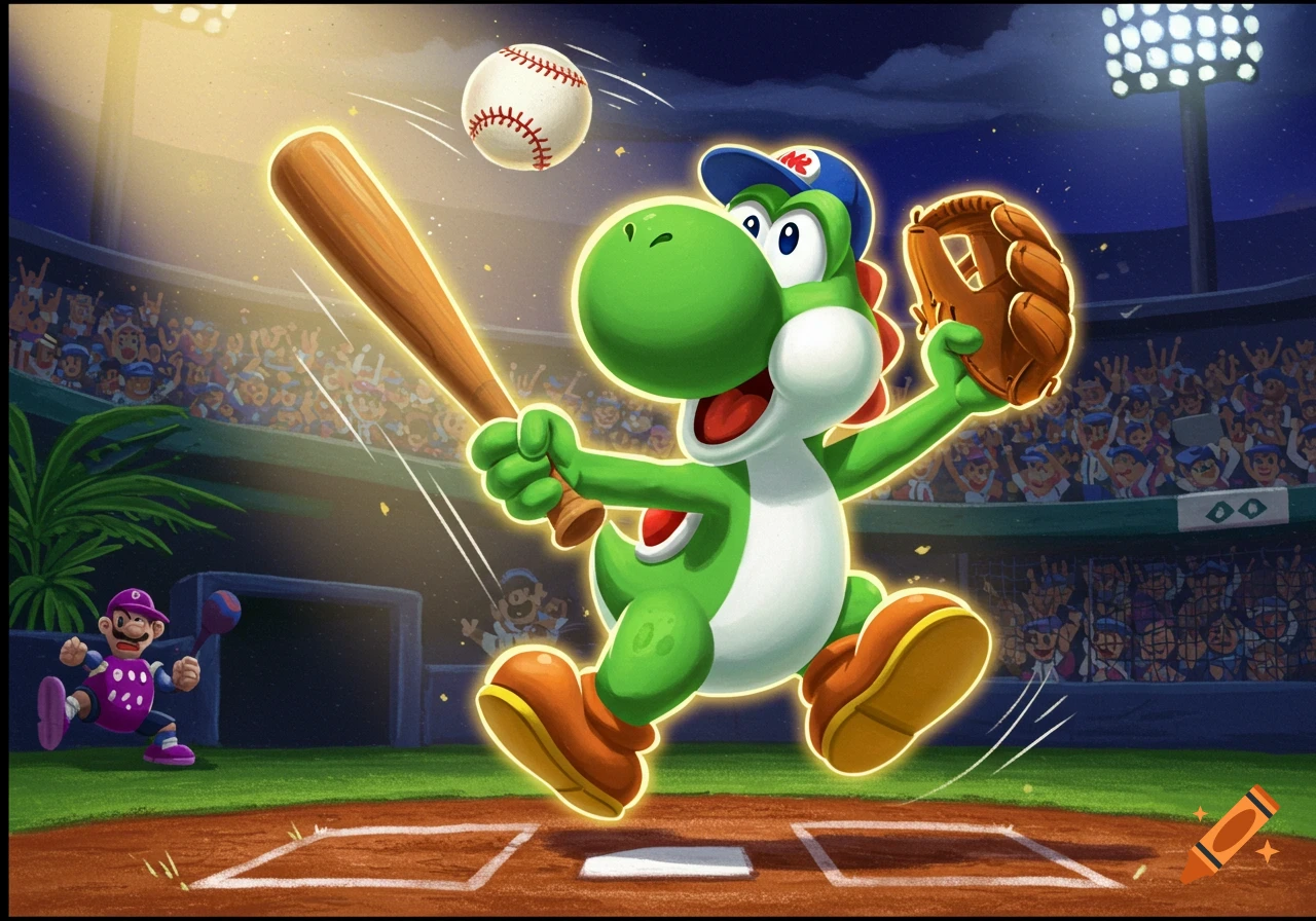 Cartoon Yoshi in a baseball cap and uniform hits a baseball with a glowing bat in a night stadium packed with fans.