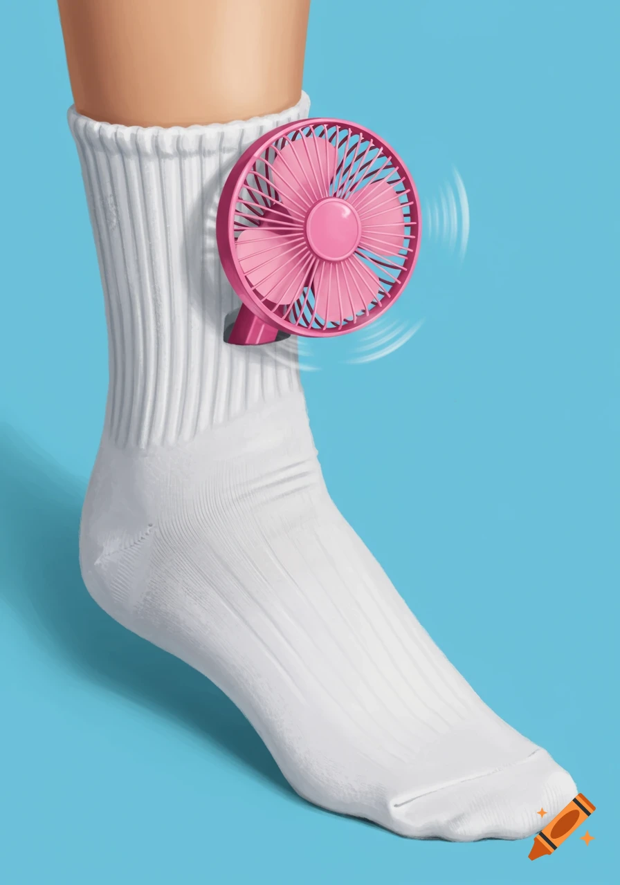 A close-up of a person's leg and foot wearing a white ribbed sock, with a small pink portable fan attached to the sock.