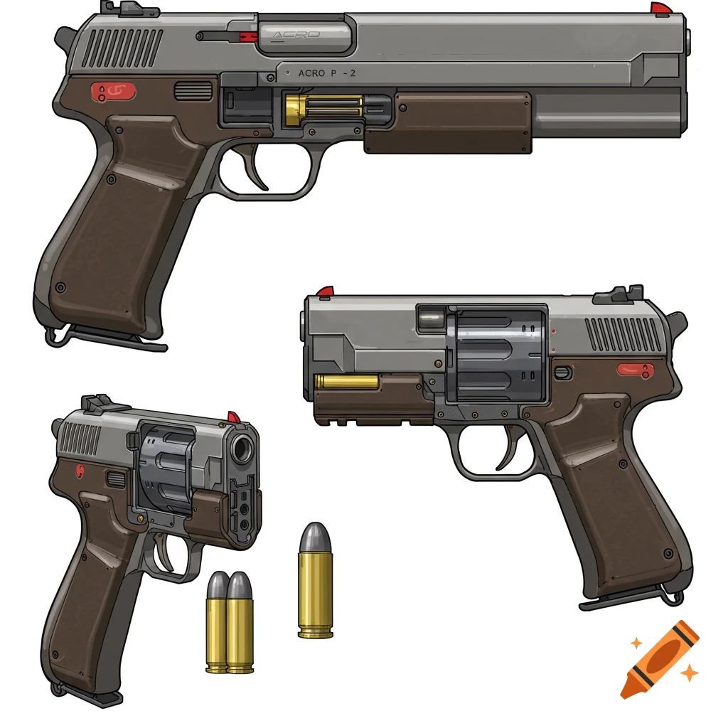 Technical illustration of multiple views of a futuristic Acro P-2 handgun and bullets on a white background.