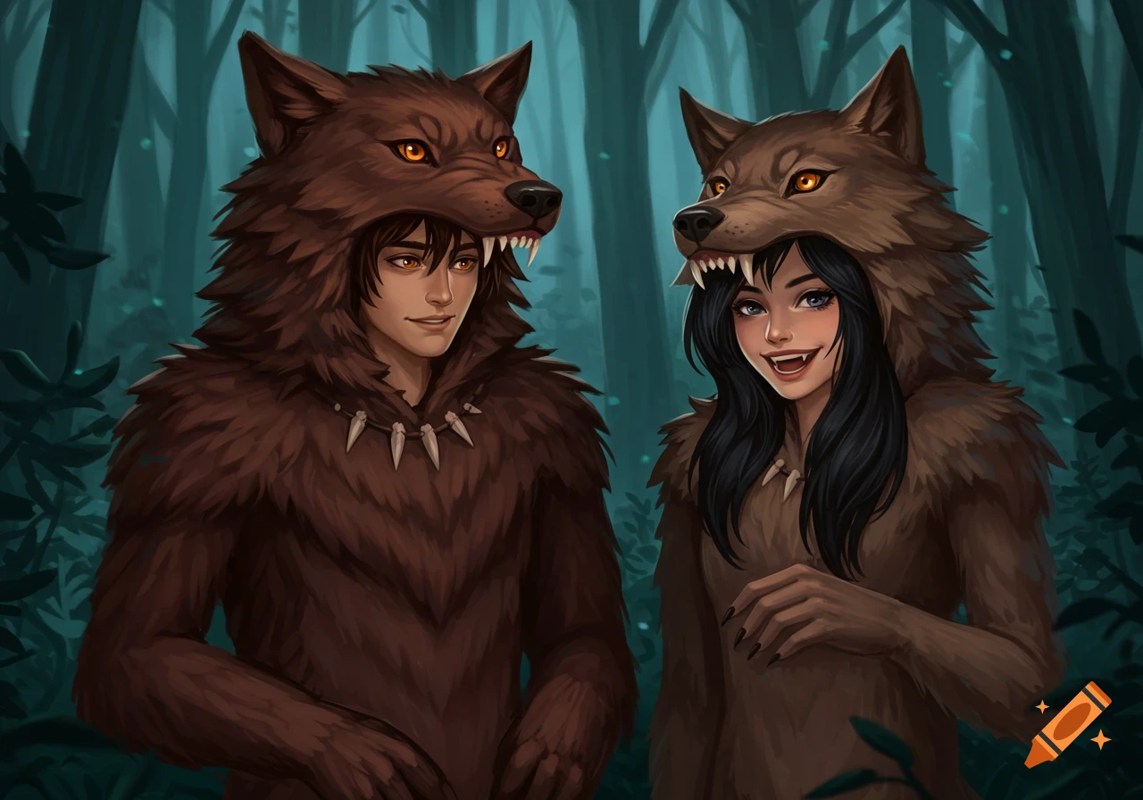 An illustration of a male and female wearing brown wolf costumes with glowing orange eyes, standing in a dark forest.