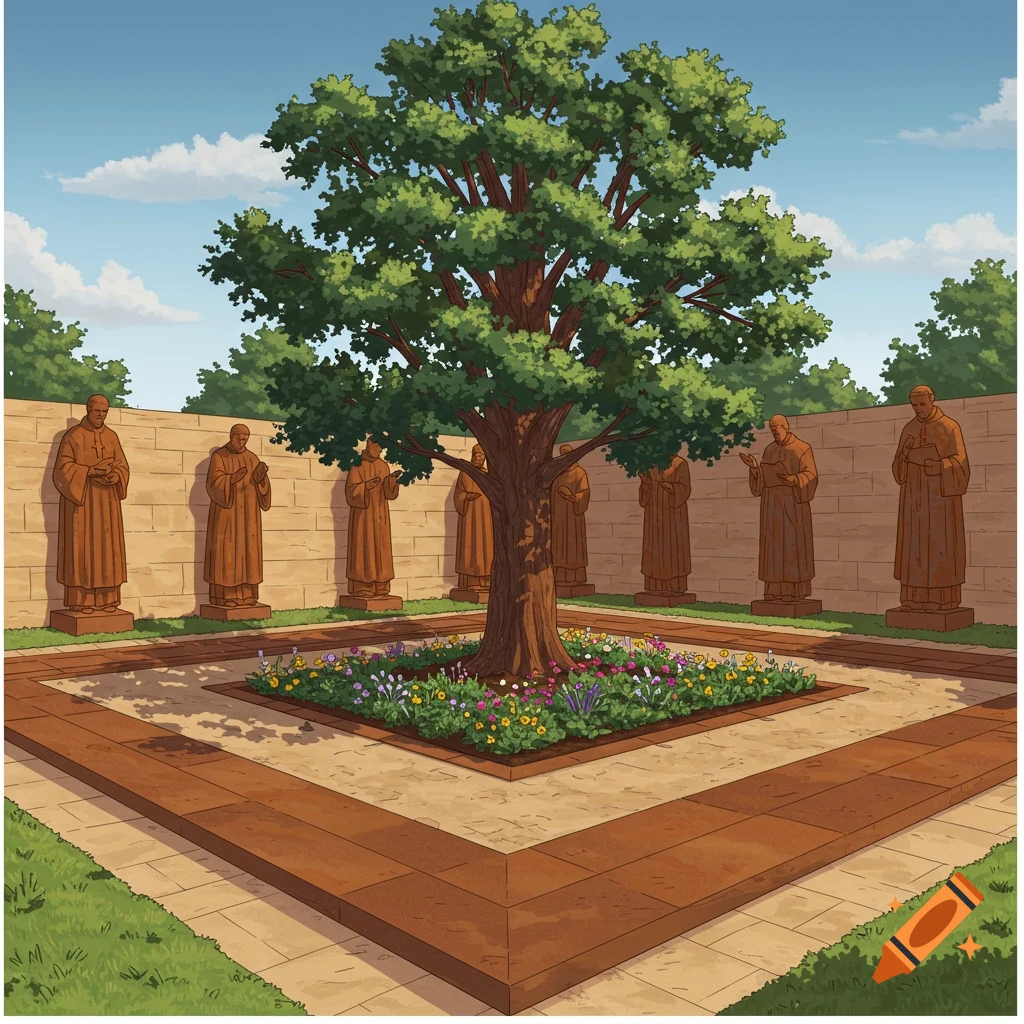 A square garden featuring a large oak tree surrounded by a flower bed in the center, with several monk statues positioned along a sandstone wall.