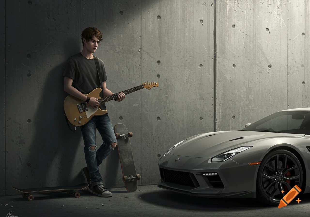 A young man with an electric guitar leans against a concrete wall, with skateboards on the ground and a sleek gray sports car nearby in a moody, cinematic style.