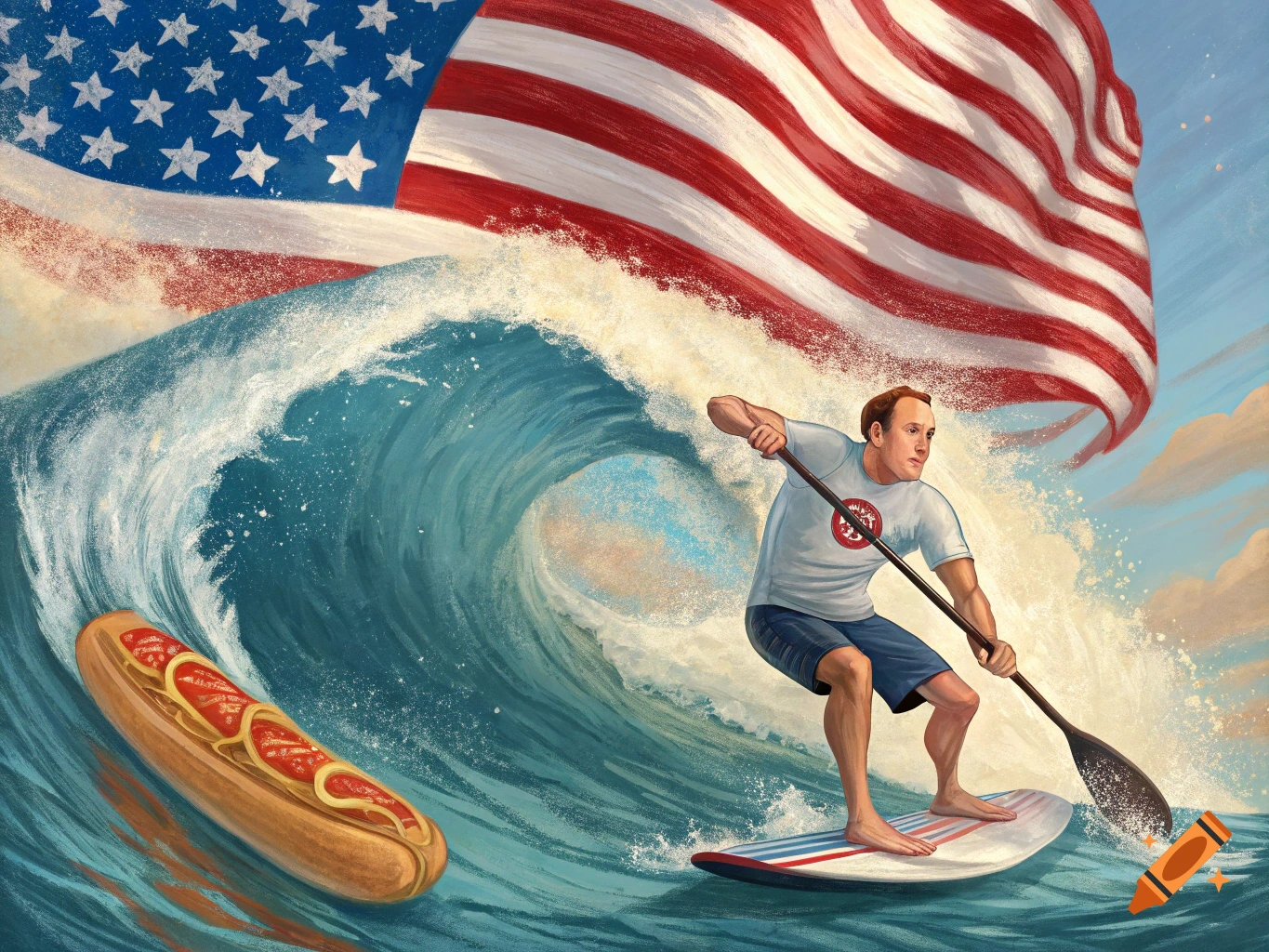 Illustration of Joey Chestnut stand-up paddleboarding a wave with a hotdog and an American flag.