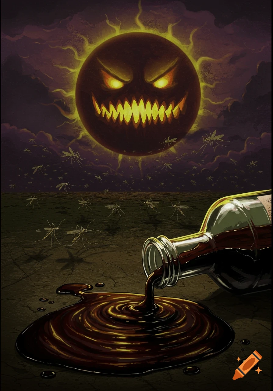 An evil, monstrous sun with glowing eyes and jagged teeth presides over a swarm of mosquitos on a cracked earth, with dark liquid spilling from a bottle in the foreground.