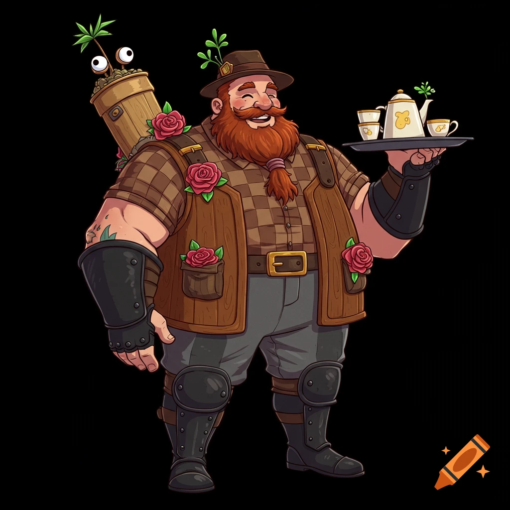 A cheerful, bearded cartoon man in a steampunk-inspired outfit, holding a tray of tea and carrying a googly-eyed plant.
