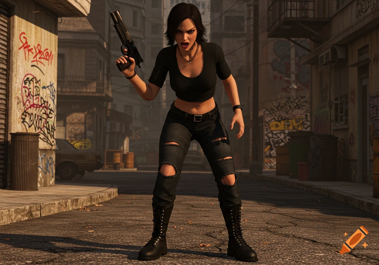 Photorealistic image of a fierce-looking woman in ripped jeans and a black crop top, holding a gun in a graffiti-covered alley.