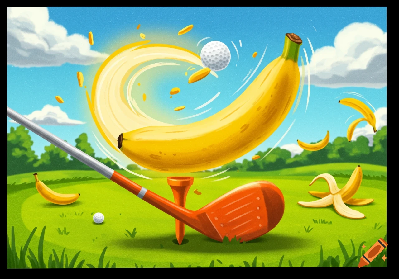 An illustration of a golf club hitting a banana off a golf tee on a green course under a blue sky, with other bananas scattered around.
