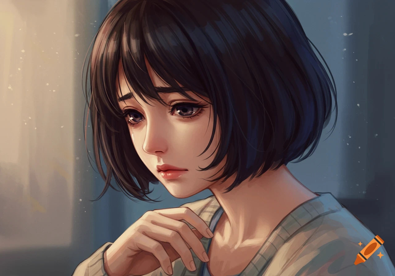 Anime-style portrait of a sad young woman with short dark hair, tears in her eyes.