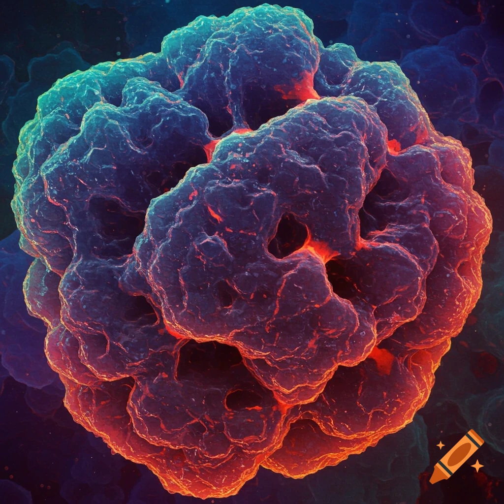 A vibrant, abstract, microscopic view of a cell or tumor with detailed textures and glowing red and blue hues.