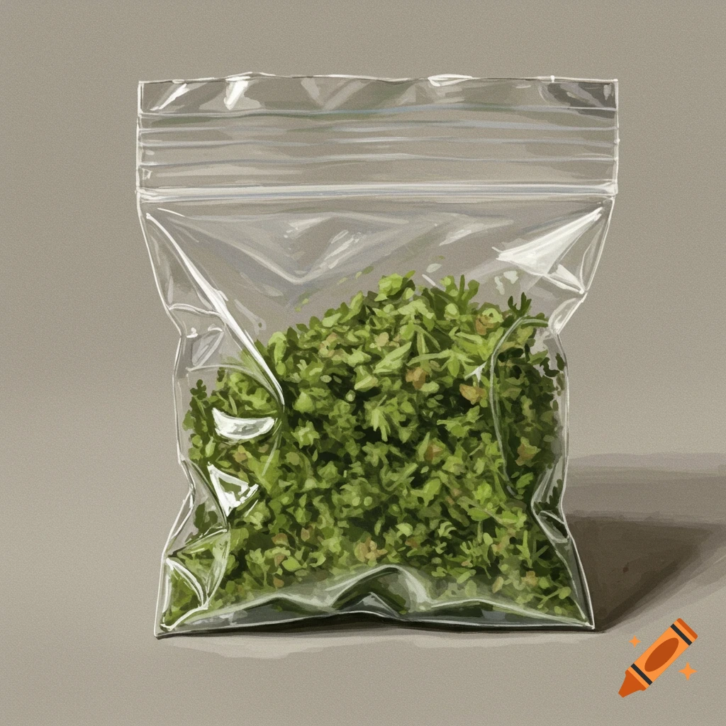 A clear plastic bag filled with green, leafy plant material, resembling dried herbs or marijuana, sits on a plain background.