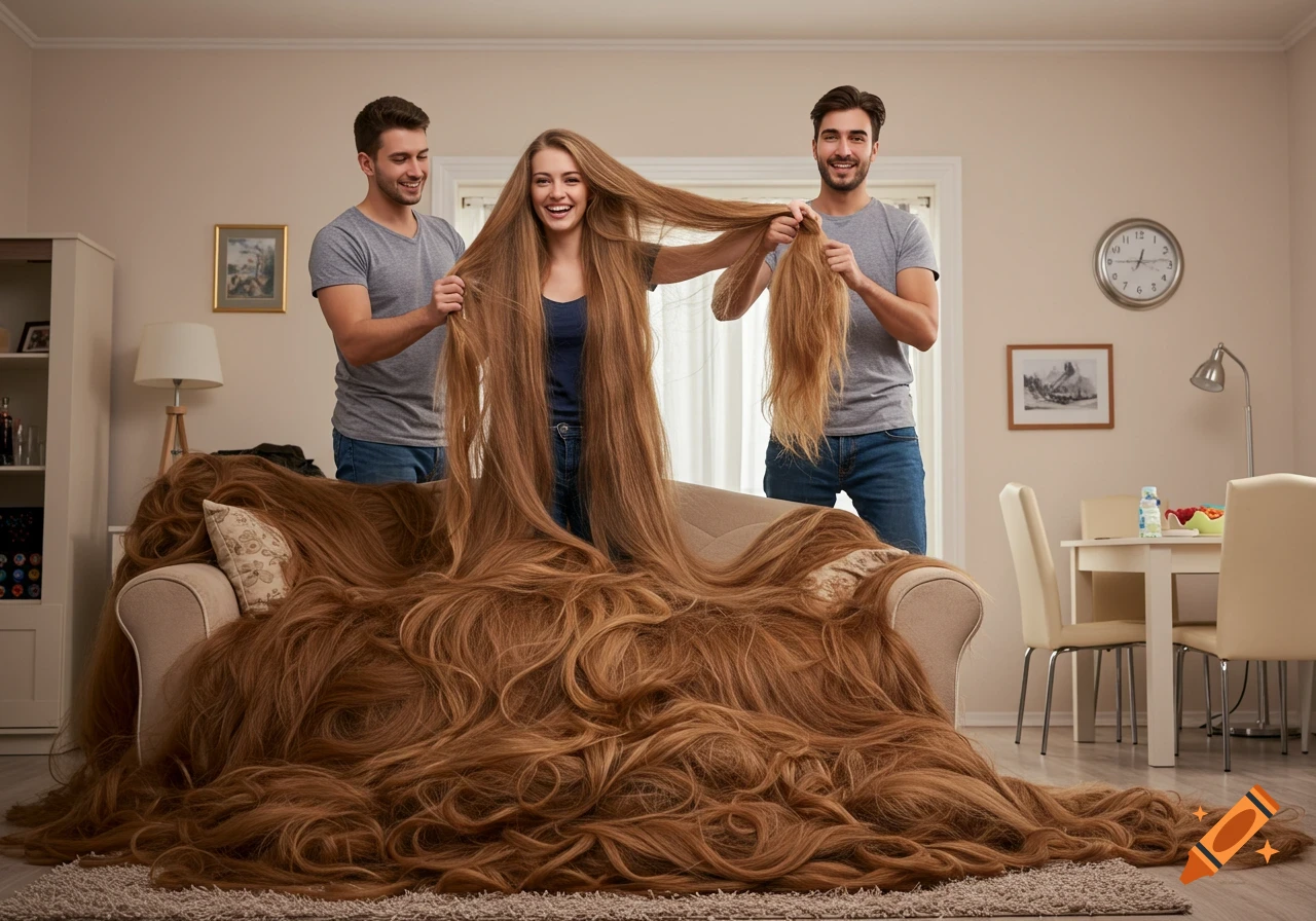 Photorealistic image of a woman with extremely long, thick brown hair flowing across a living room couch, while two men help her manage it.